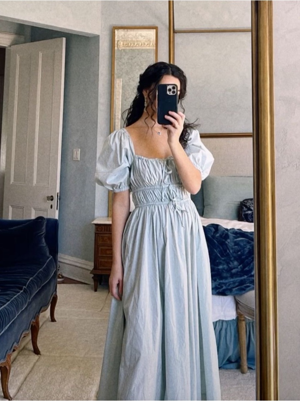 Light Blue Puff-Sleeve Smocked Maxi Dress